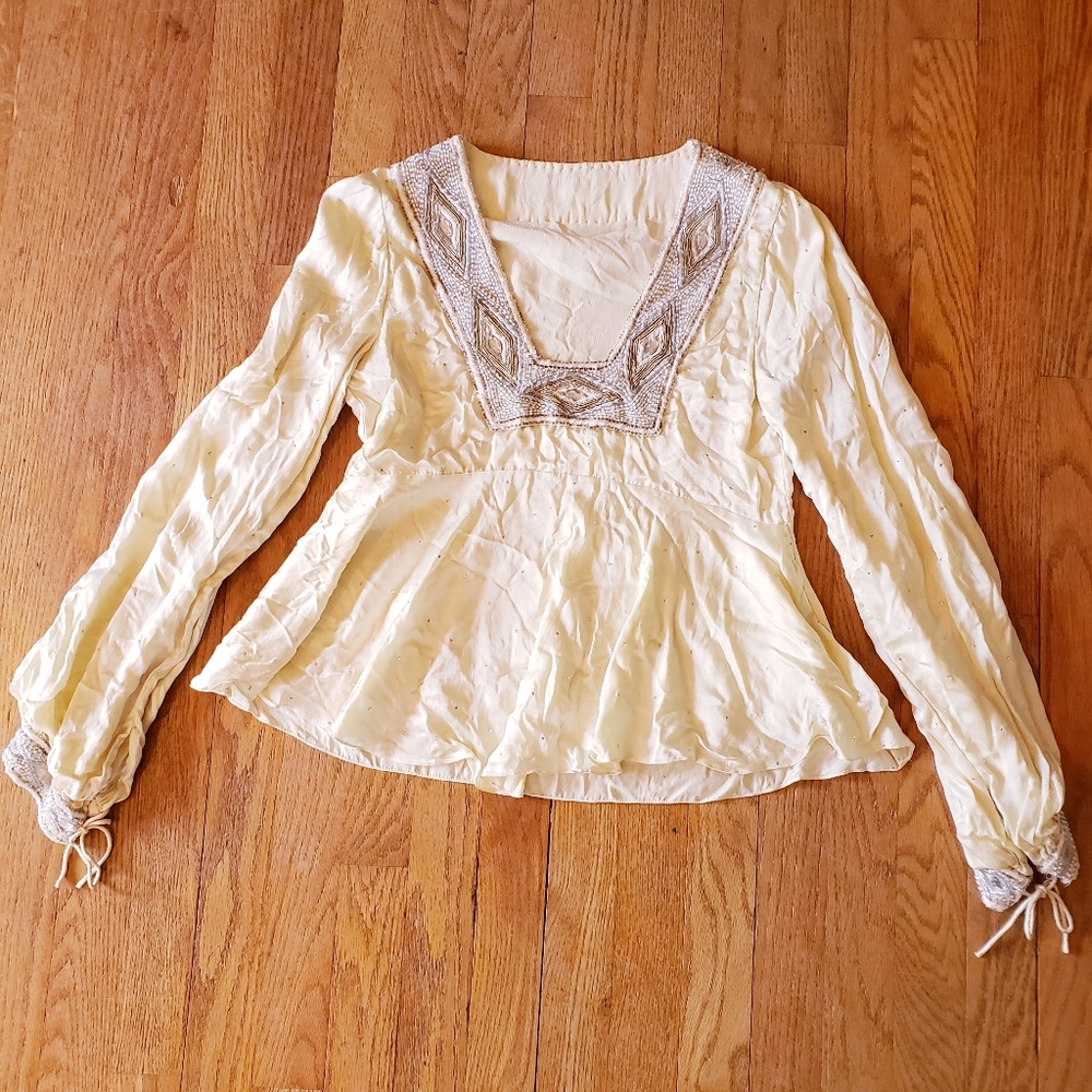 Vintage white cream Silk Beaded Top empire waist square neck blouse top Small S